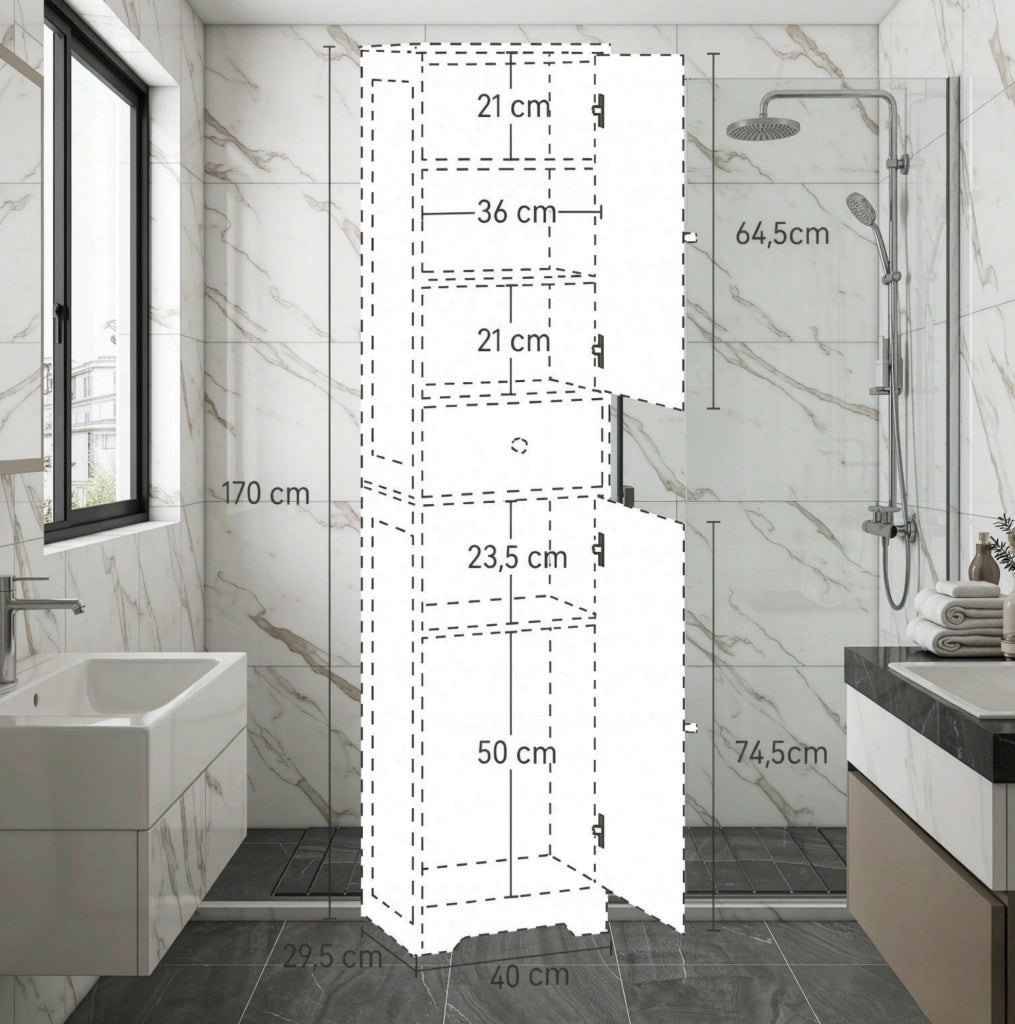 Mobile Colonna per Bagno in Truciolato Bianco 40x29,5x170 cm con Armadietti, Cassetto e Ripiani Regolabili