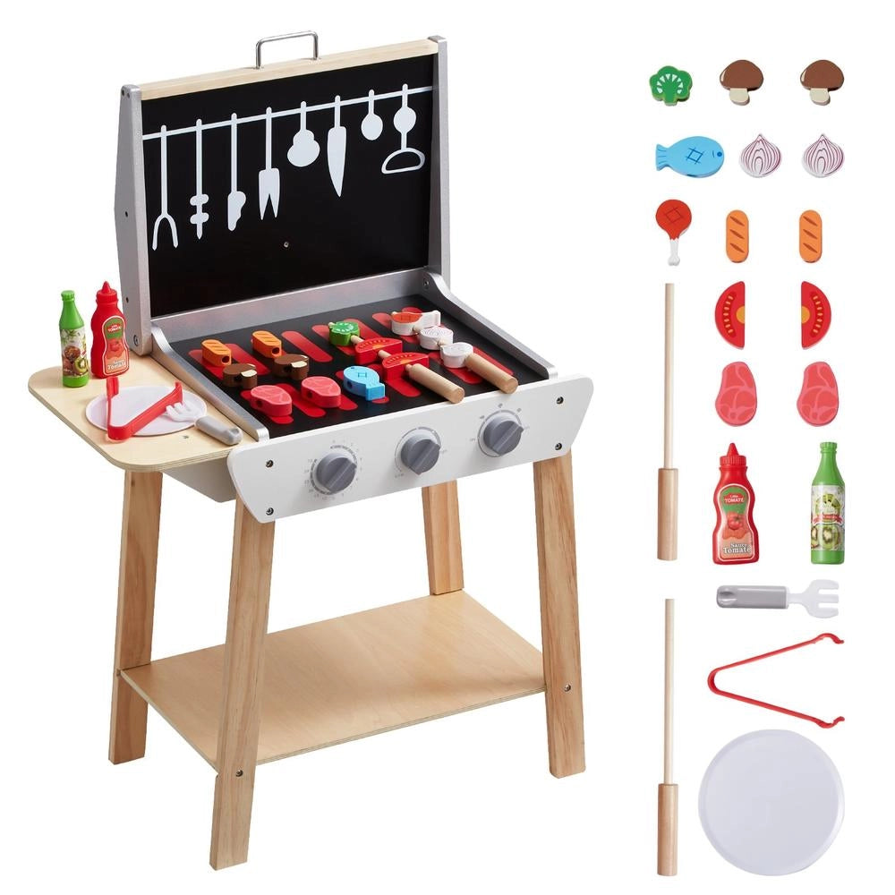Set Barbecue Giocattolo per Bambini 21 Pezzi in Legno di Pino AC7919 con Accessori Cucina e Cibo Finto 59x33,5x82 cm