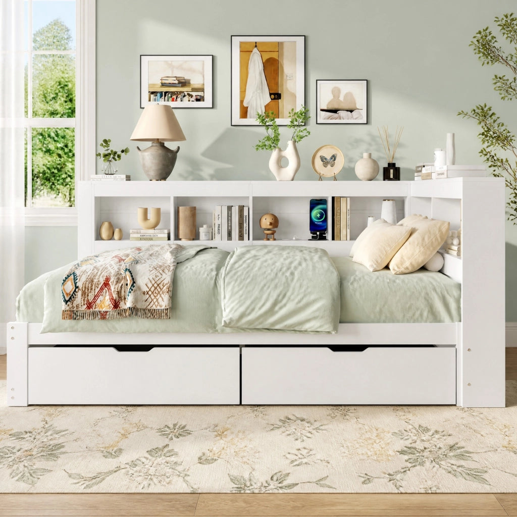 Struttura letto a divano 140 × 200 cm con due cassetti presa e due USB in legno bianco con rete a doghe