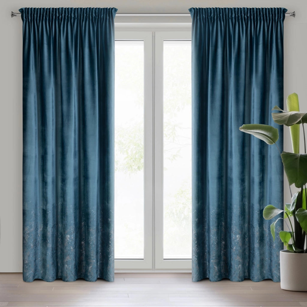 Tenda in velluto con motivo dorato, 140x270 cm, azzurra, 1 pezzo