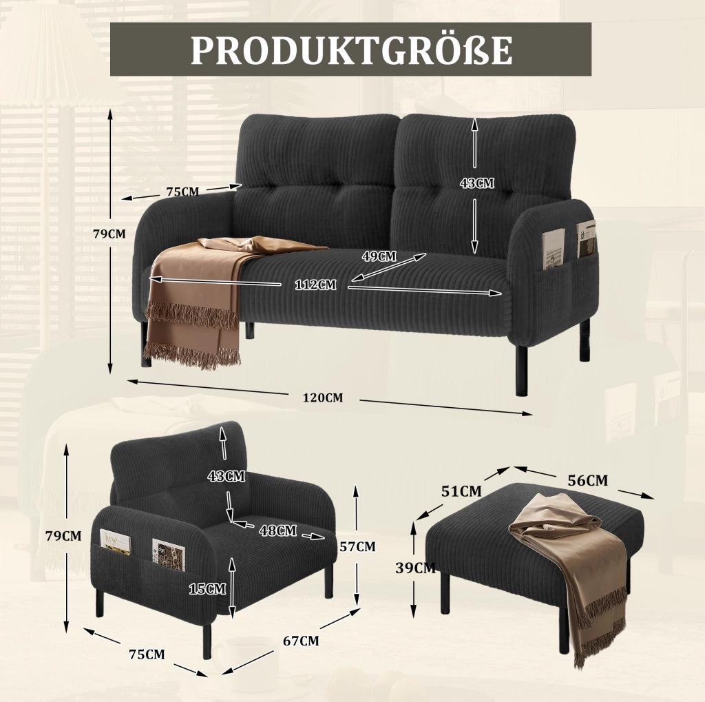 Set divano 2 posti, poltrona e pouf 120x75x79 cm grigio in velluto a coste modulare