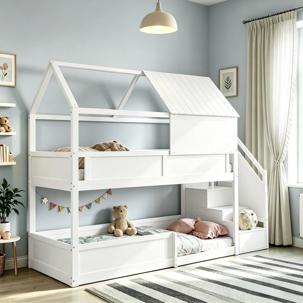 Letto a castello in legno massello bianco con scala e tettoia