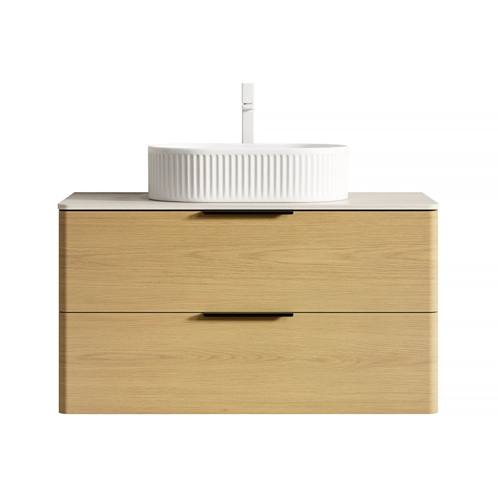 Mobile bagno sospeso 90 cm con lavabo ovale bianco, piano in travertino sintetico e mobile in compensato con 2 cassetti effetto quercia Corolla