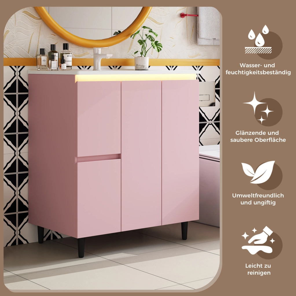 Mobile lavabo da bagno rosa con sensore luminoso, 76 × 47 × 89 cm