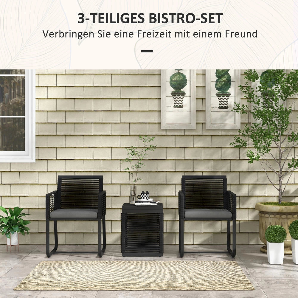 Set Bistro da Giardino 3 Pezzi in Rattan con Tavolino in Vetro e Cuscini, per Balcone e Terrazzo Resistente, 53 cm x 57 cm x 77 cm, Nero e Grigio