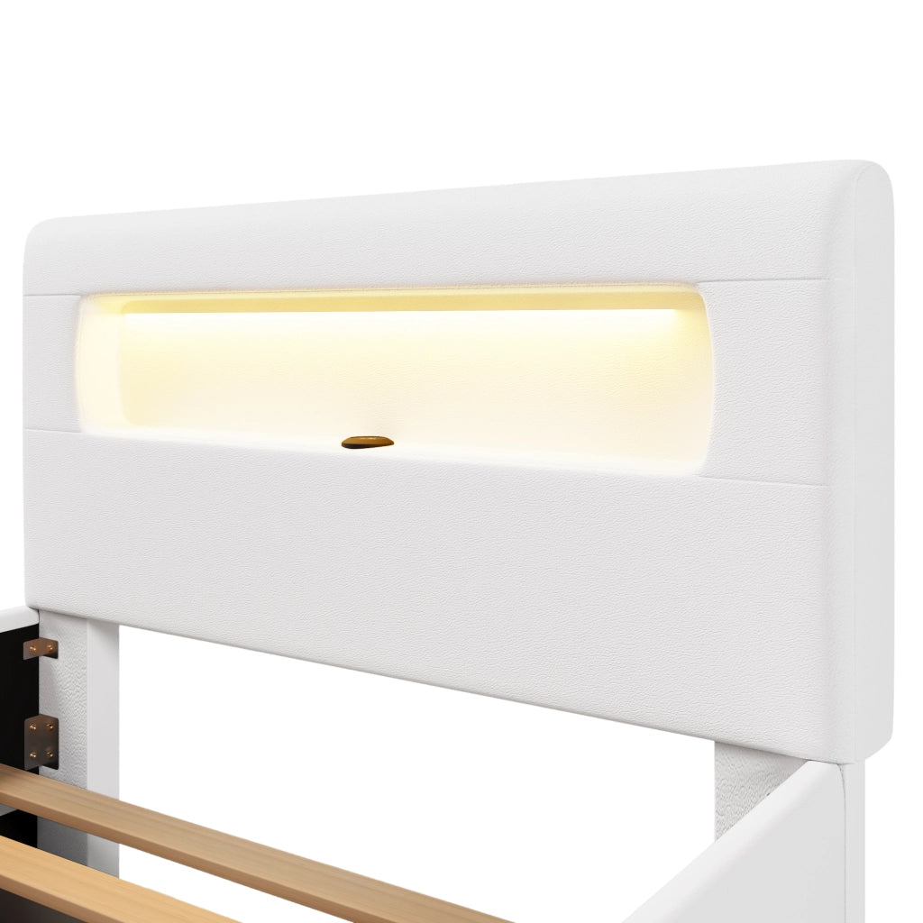 Letto singolo imbottito 90 × 200 cm con scala cassetto LED in PU bianco e rosa