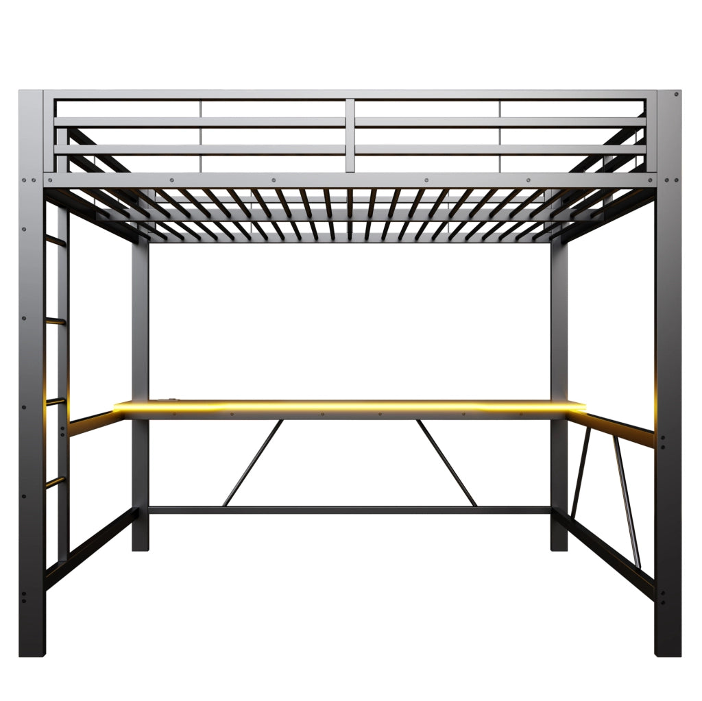 Letto a castello gaming 160x200 in metallo nero con scrivania, illuminazione LED e presa USB