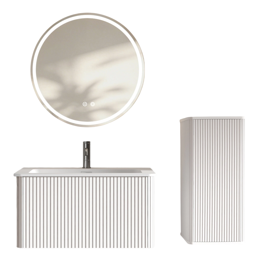 Mobile bagno con lavabo e specchio LED 80 cm bianco con mobile laterale