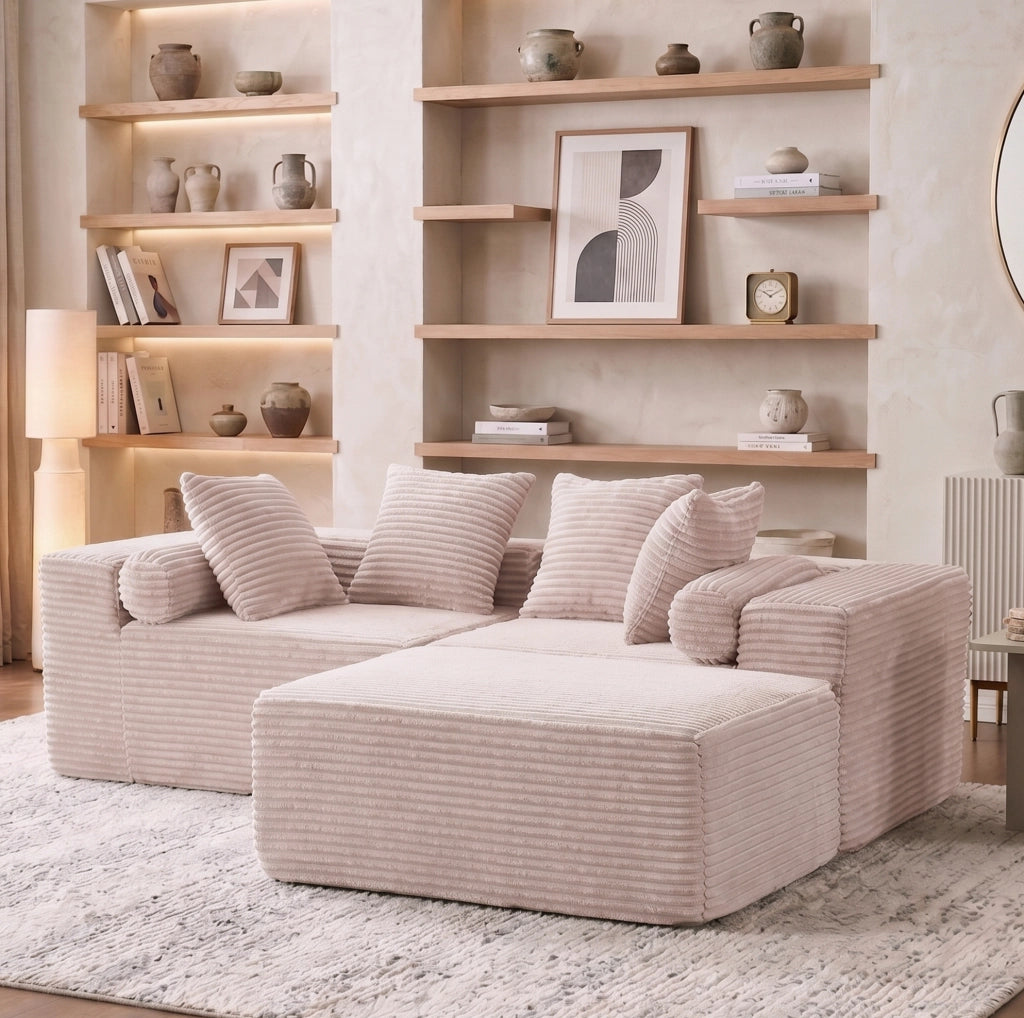 Divano componibile a 3 moduli con chaise longue beige