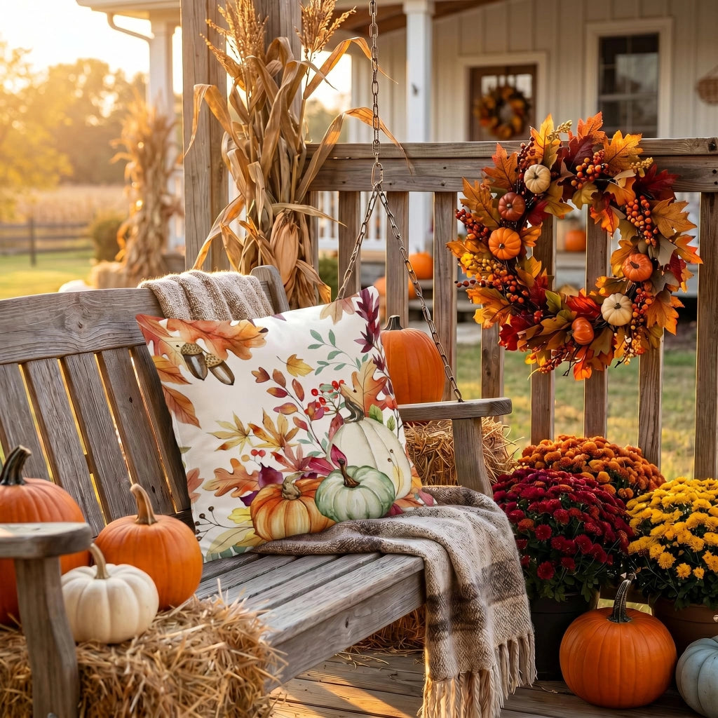Set di 2 federe per cuscini, 40x40 cm, velluto, motivo autunnale: foglia d'acero e zucca, colore arancione