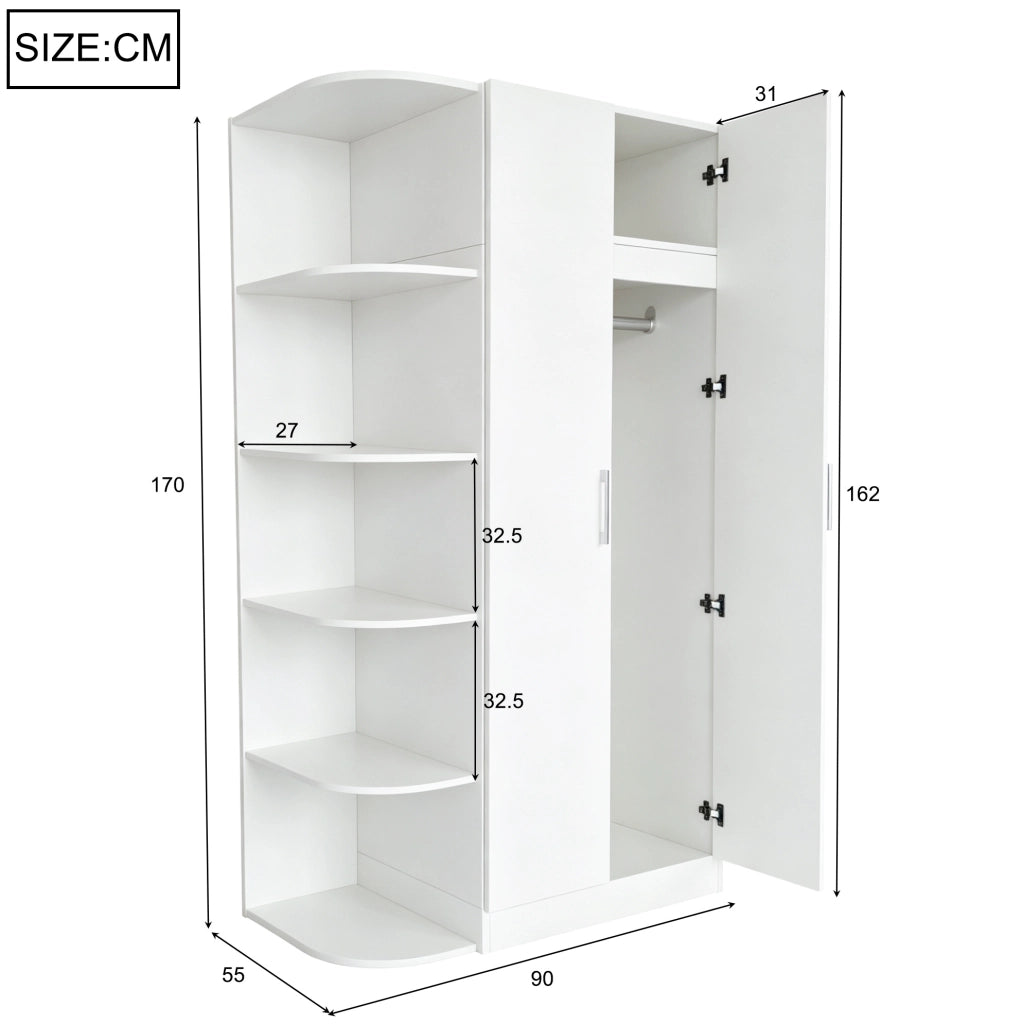 Armadio a due ante 90 x 55 x 170 cm con ripiani e cassetti