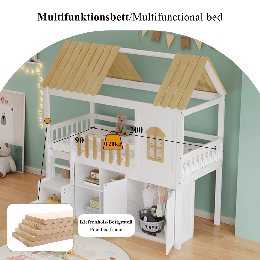 Letto a soppalco per bambini 90 × 200 cm con armadio e ripiani in legno bianco e naturale con finestra