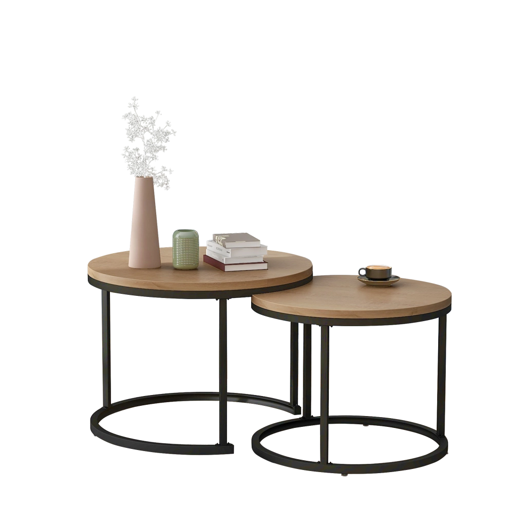 Tavolini da salotto set di 2 rotondi sovrapponibili in MDF noce e nero con struttura in metallo dal design moderno