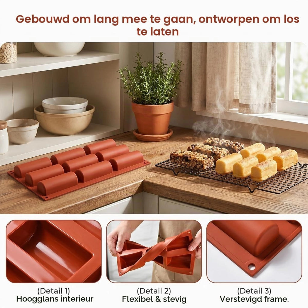 2 pezzi forma in silicone per barrette di muesli, barrette energetiche, stampo per muffin, brownie, pane di mais, cheesecake, budino – Rettangolare con estremità arrotondate, senza BPA, resistente al forno fino a 230 °C