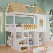 Letto a soppalco per bambini 90 × 200 cm con armadio e ripiani in legno bianco e naturale con finestra