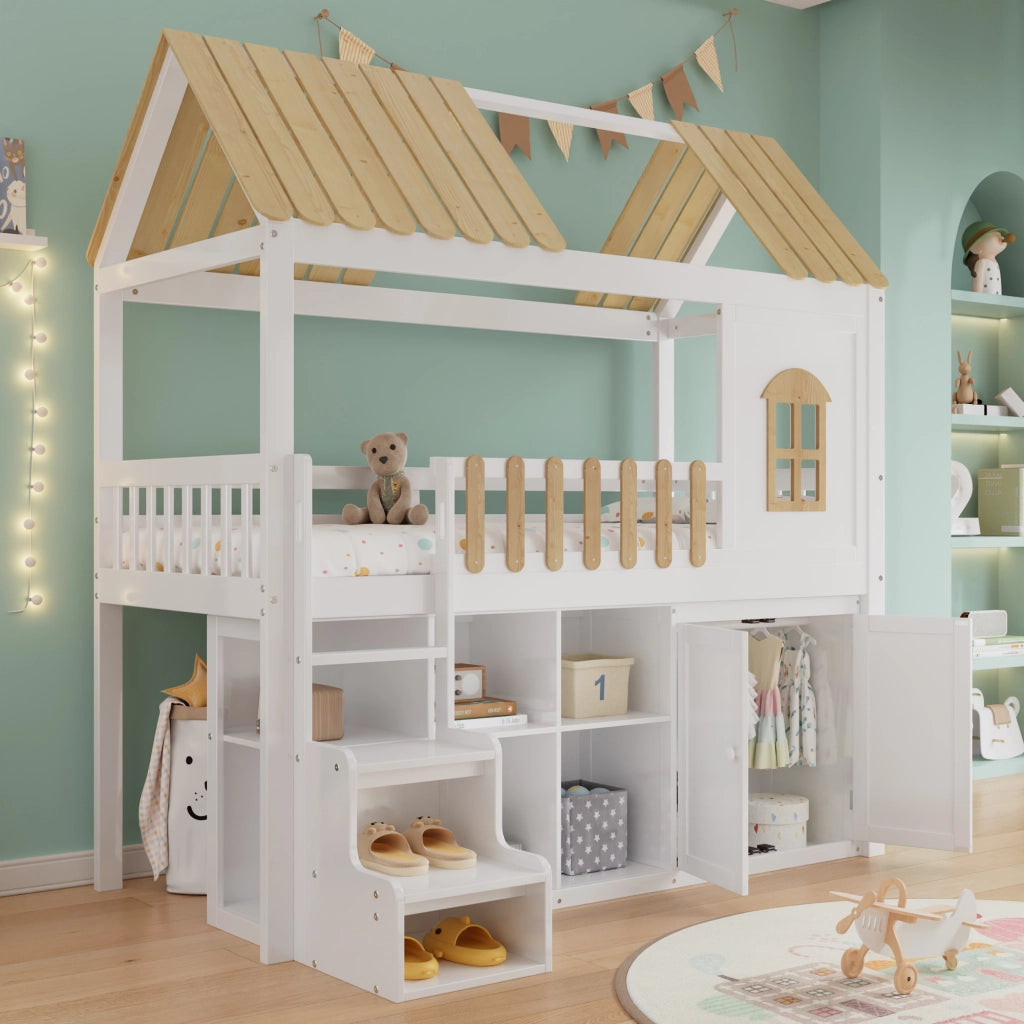 Letto a soppalco per bambini 90 × 200 cm con armadio e ripiani in legno bianco e naturale con finestra