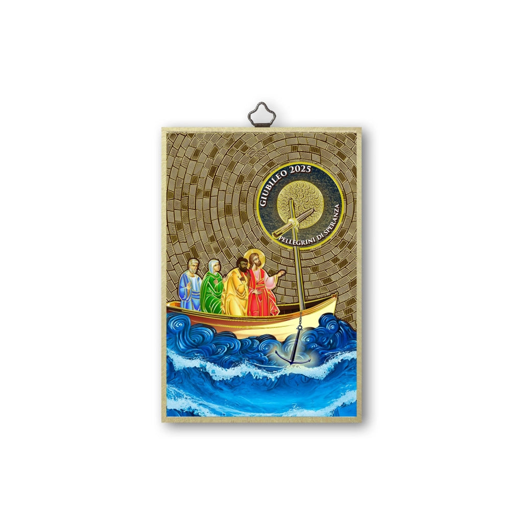 Pannello in legno con mosaico in foglia d'oro, raffigurante un motivo celebrativo, dimensioni 10x15 cm