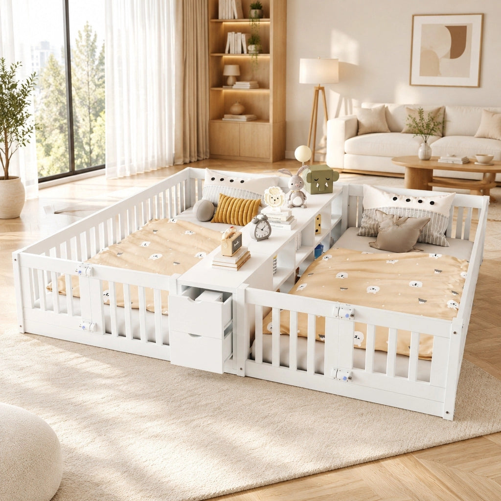 Letto doppio bambini 2x90x200 bianco con cassetti, ripiani e 2 materassi