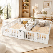 Letto doppio bambini 2x90x200 bianco con cassetti, ripiani e 2 materassi