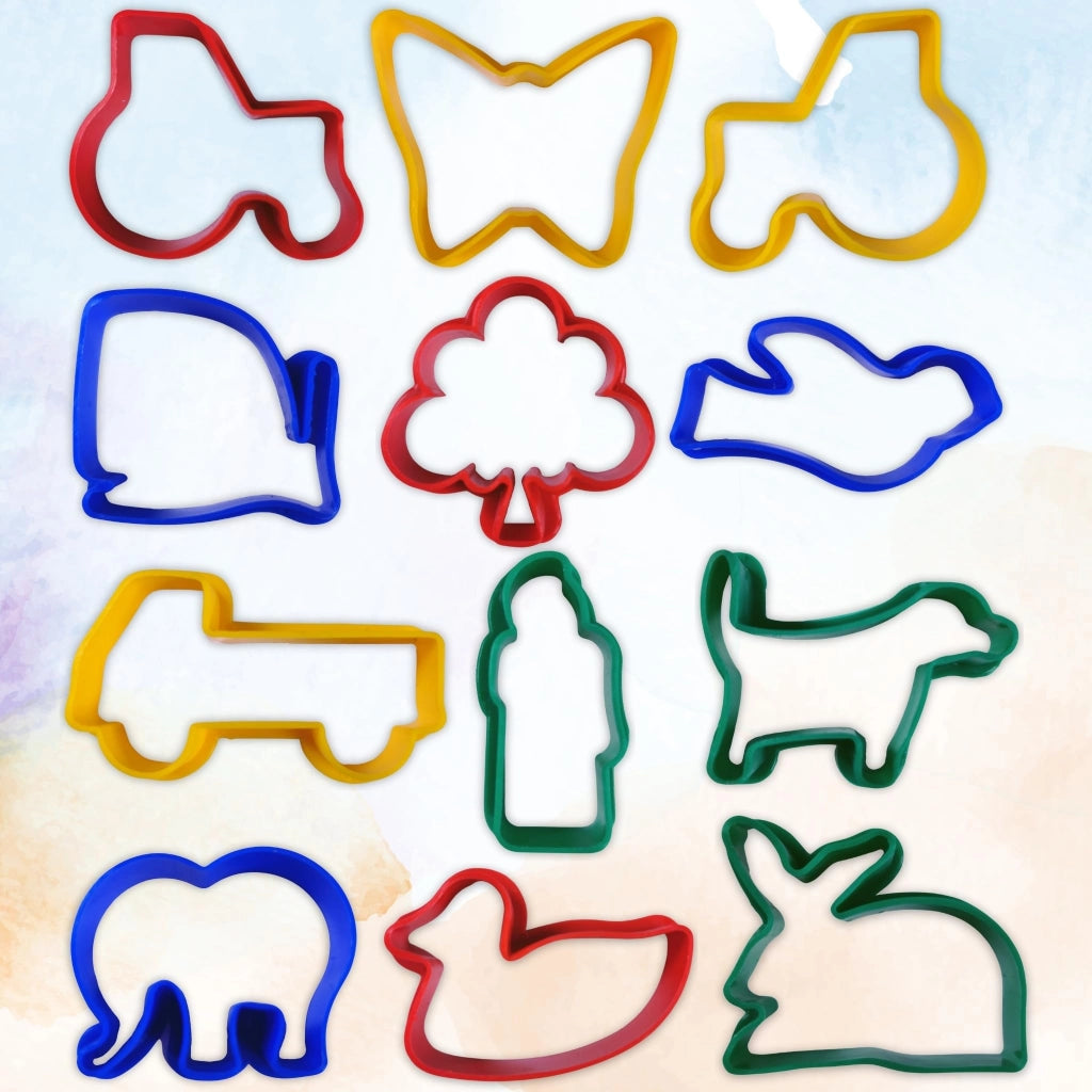 Set da 12 formine in plastica per biscotti, a forma di animali e veicoli, 5 cm