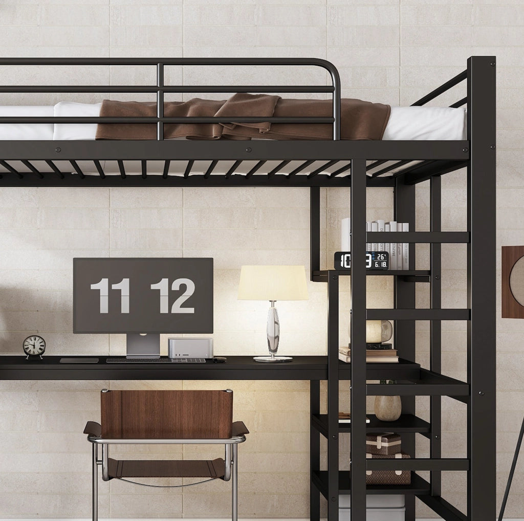Letto a castello in ferro nero con scrivania e armadio integrati, 90x200 cm, per bambini e adolescenti