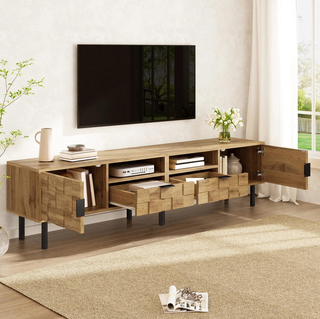 Mobile TV con design a mosaico in truciolato effetto legno, 2 porte, 2 cassetti, 2 vani aperti, piedi in metallo nero 160x35x42,5 cm