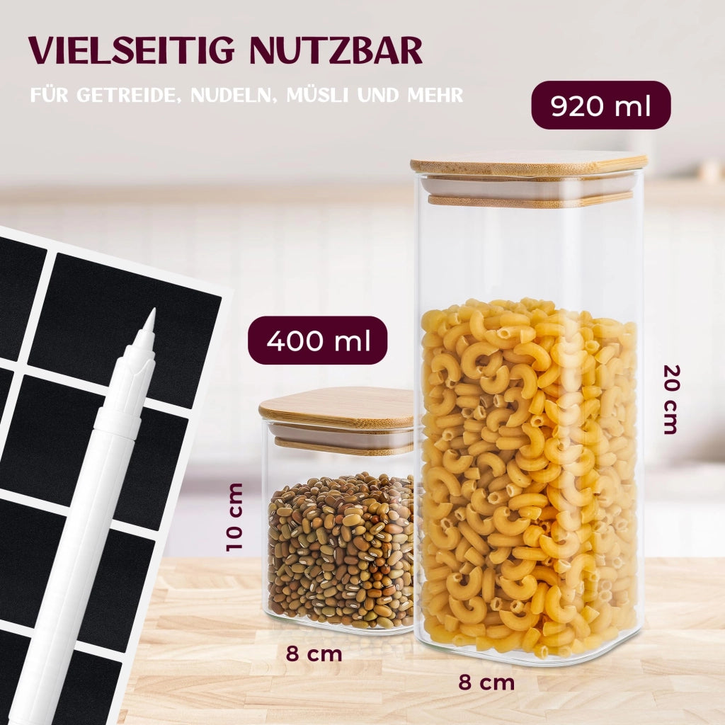Set di 12 barattoli quadrati, capacità 400 e 920 ml, ermetici
