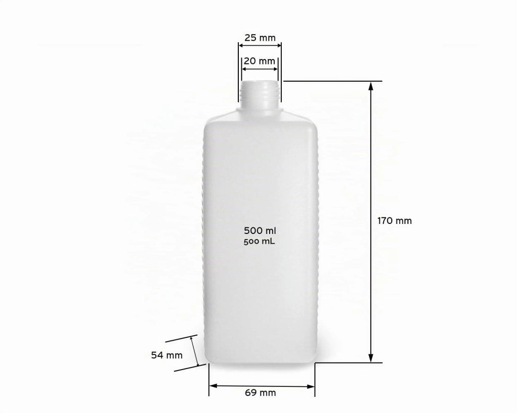 5 bottiglie in HDPE da 500 ml con tappi neri, complete di etichette