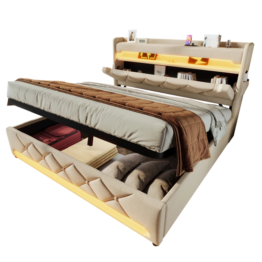 Letto matrimoniale 160 × 200 cm con contenitore idraulico; LED; USB e Type-C; lino beige