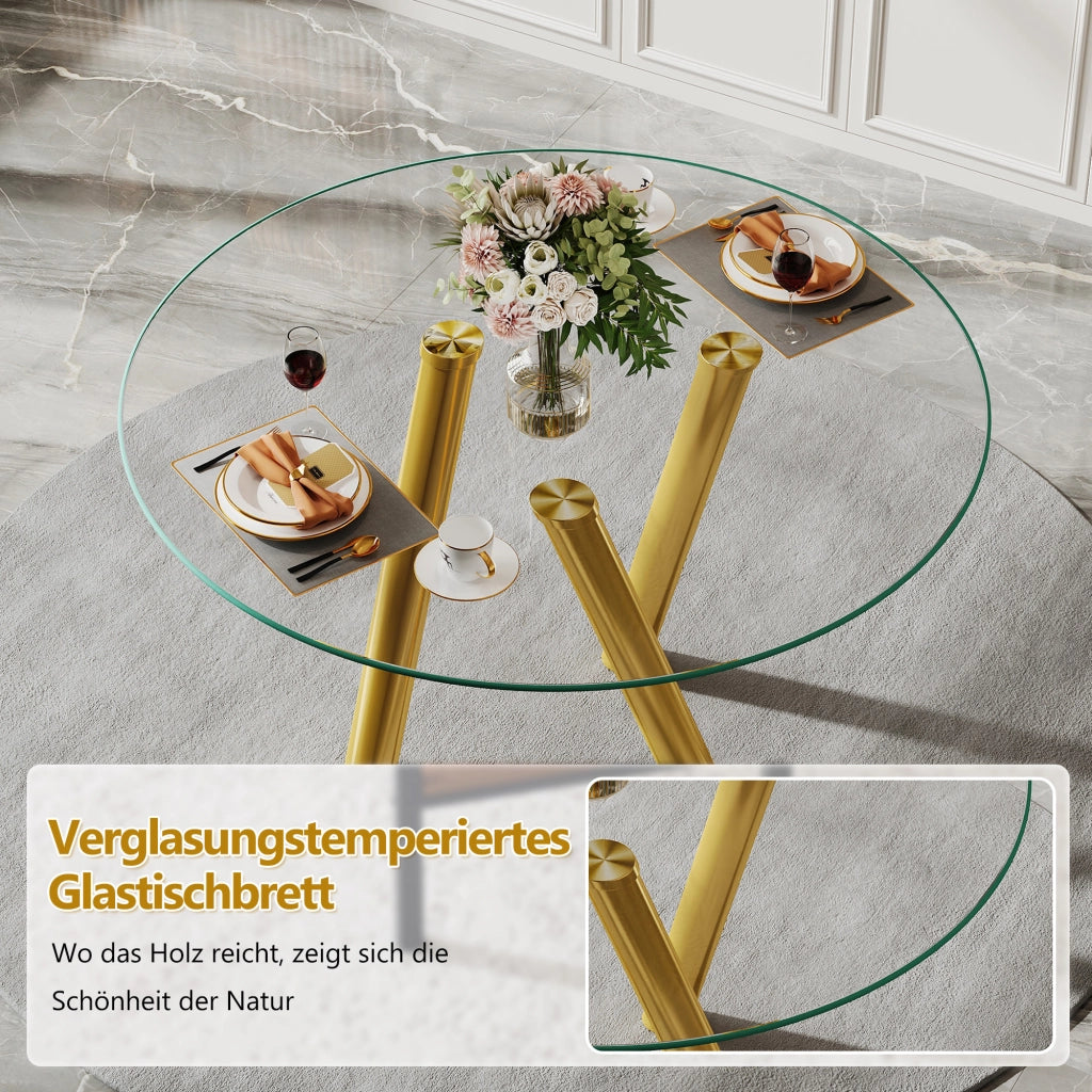 Tavolo da pranzo rotondo in vetro temperato con gambe in metallo color oro design per sala da pranzo