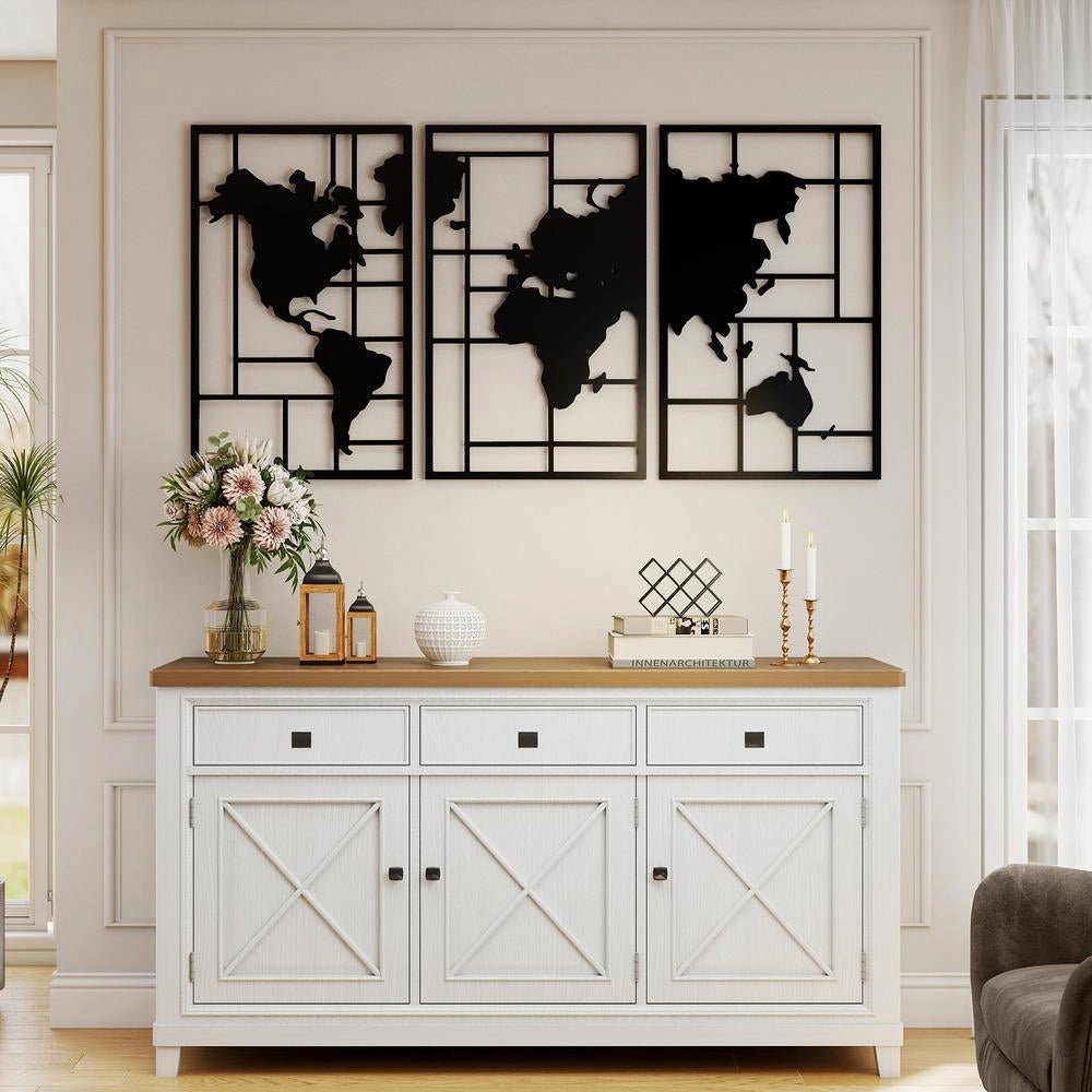 Decorazione da parete mappamondo in metallo set 3 pezzi quadro geometrico moderno per casa e soggiorno 50 x 80 cm nero