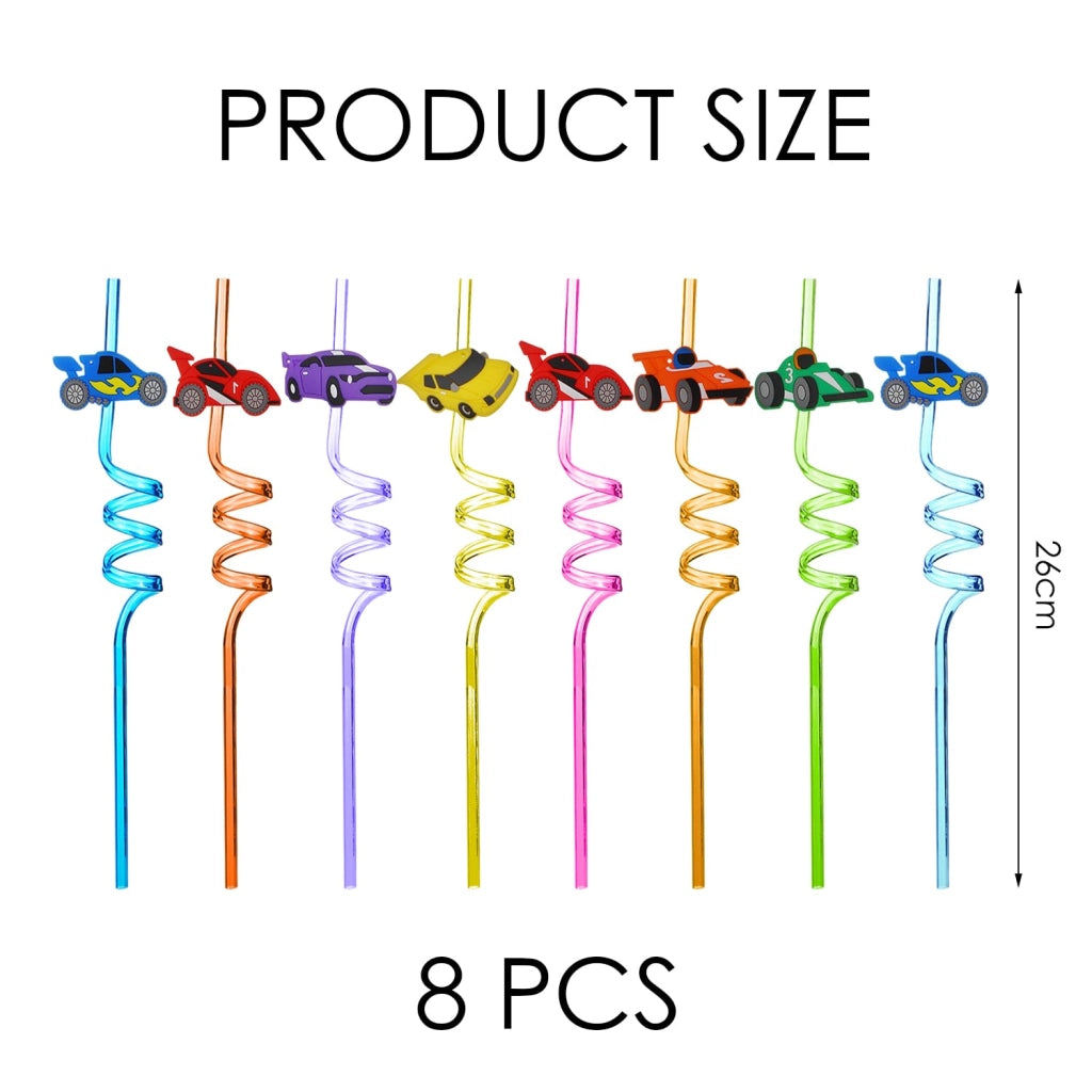 8 cannucce riutilizzabili con motivo di macchine da corsa, 26 cm, colorate