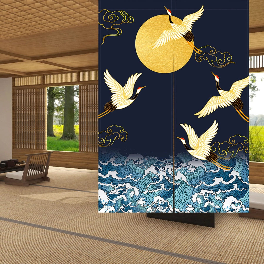Tenda giapponese "Noren" con motivi di gru, onde e luna, dimensioni 85x120 cm