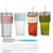4 bicchieri con coperchio e cannucce, capacità 600 ml, con superficie strutturata, ideali per frappè e smoothie