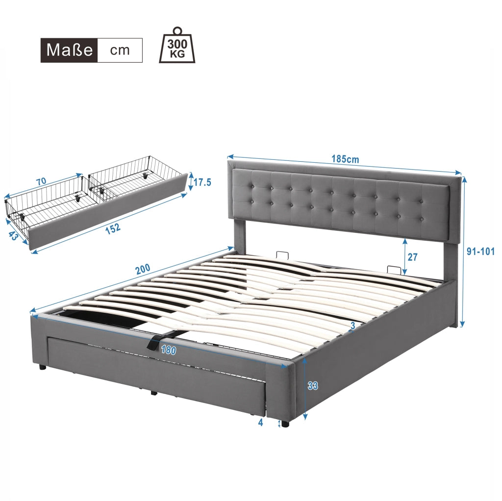 Letto imbottito in velluto grigio 180 x 200 cm con contenitore