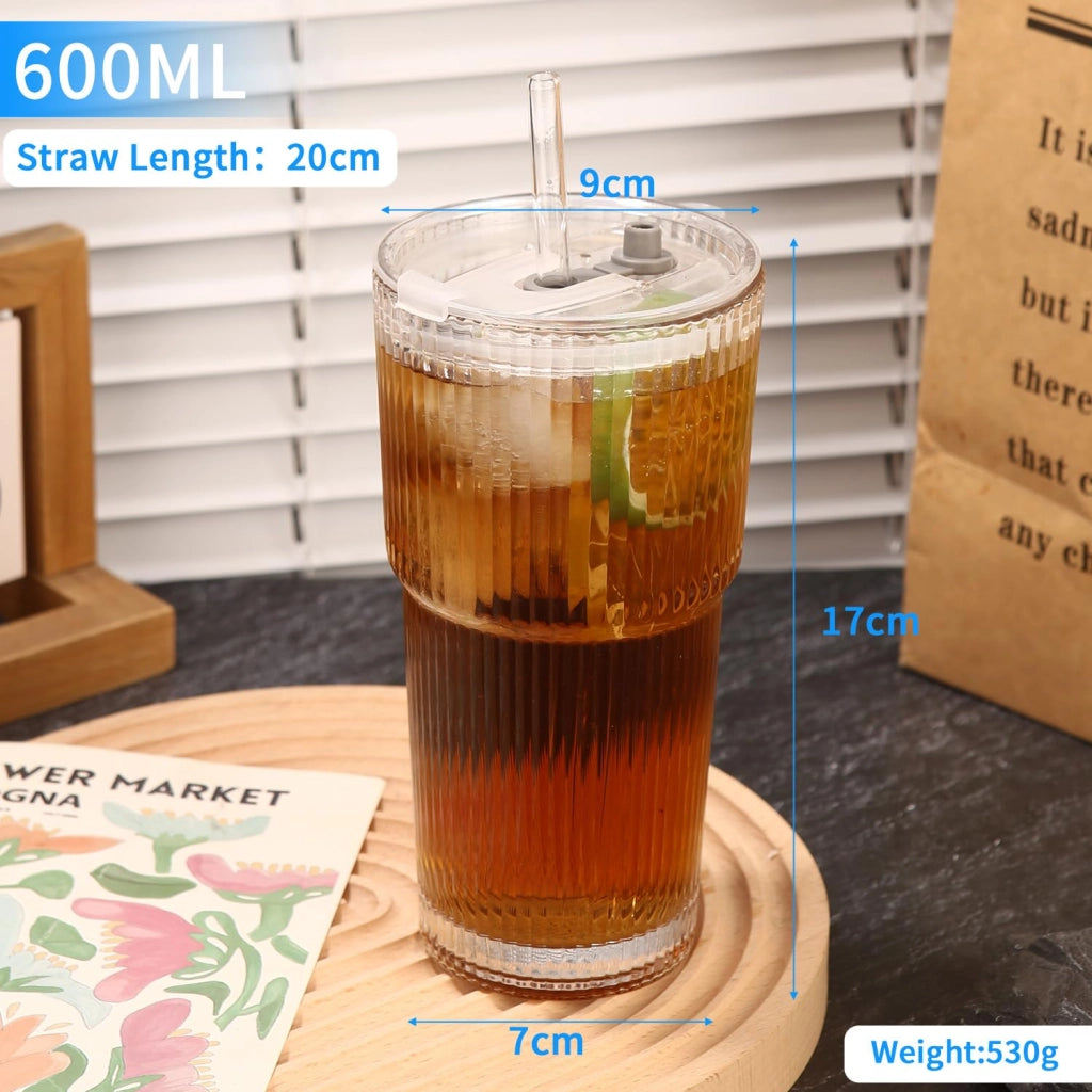 Set da 2 bicchieri da 600 ml con coperchio e cannuccia, con motivo a coste, trasparenti