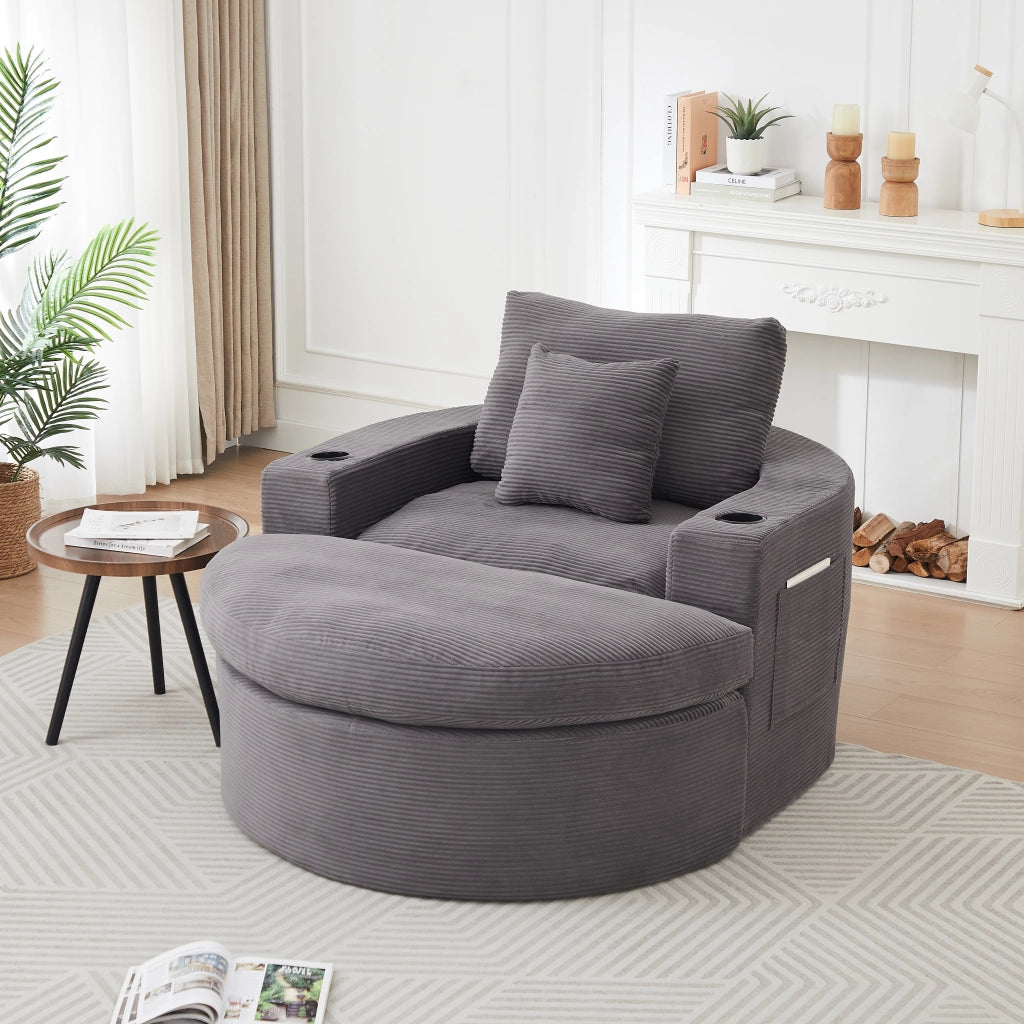 Poltrona rotonda grande con poggiapiedi; 156 × 136 × 88 cm; rivestimento in velluto a coste grigio per soggiorno