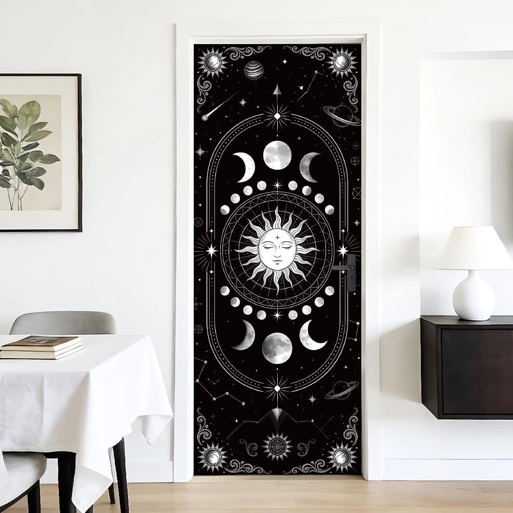 Adesivi per porte, dimensioni 80x200 cm, design gotico con sole e luna, set da 2, in PVC
