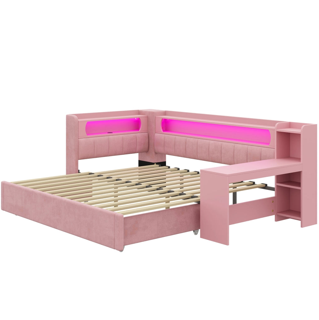 Letto imbottito rosa estensibile con scrivania, luci LED e prese USB