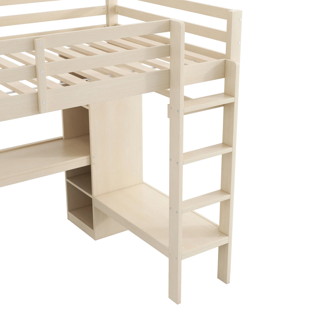 Letto a soppalco 140x200 cm con scrivania; ripiani; LED e USB in pino e MDF naturale