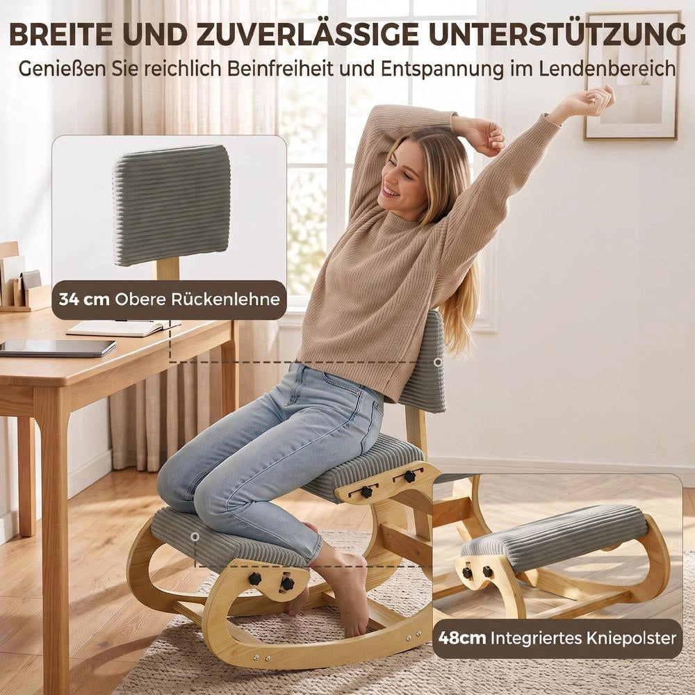 Sedia posturale ergonomica con schienale e appoggio ginocchia, sgabello effetto velluto a coste grigio per casa e ufficio