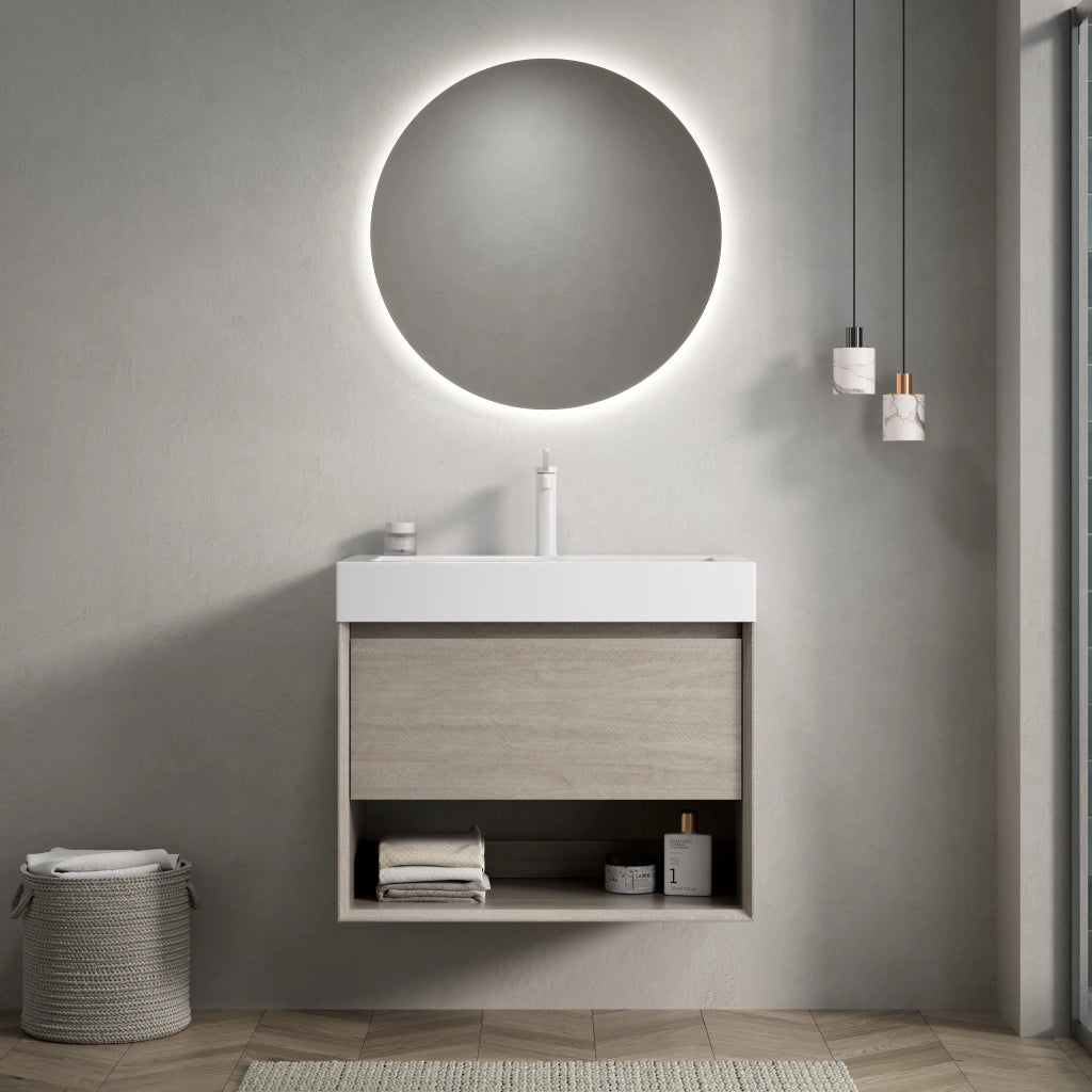 Mobile bagno con lavabo integrato in resina cassetto e ripiano aperto rovere chiaro bianco premontato