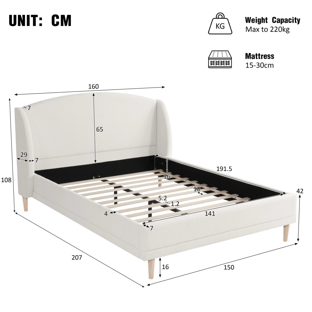 Letto matrimoniale 140×190 cm in tessuto bouclé con testiera a orecchie e sommier a doghe, piedi in legno di hevea, bianco avorio