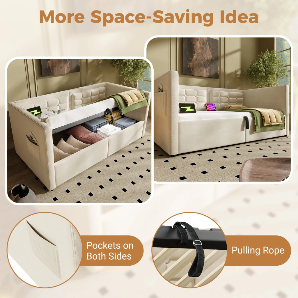 Letto imbottito 90 × 200 cm con contenitore idraulico e ricarica USB Type-C; rivestito in velluto beige