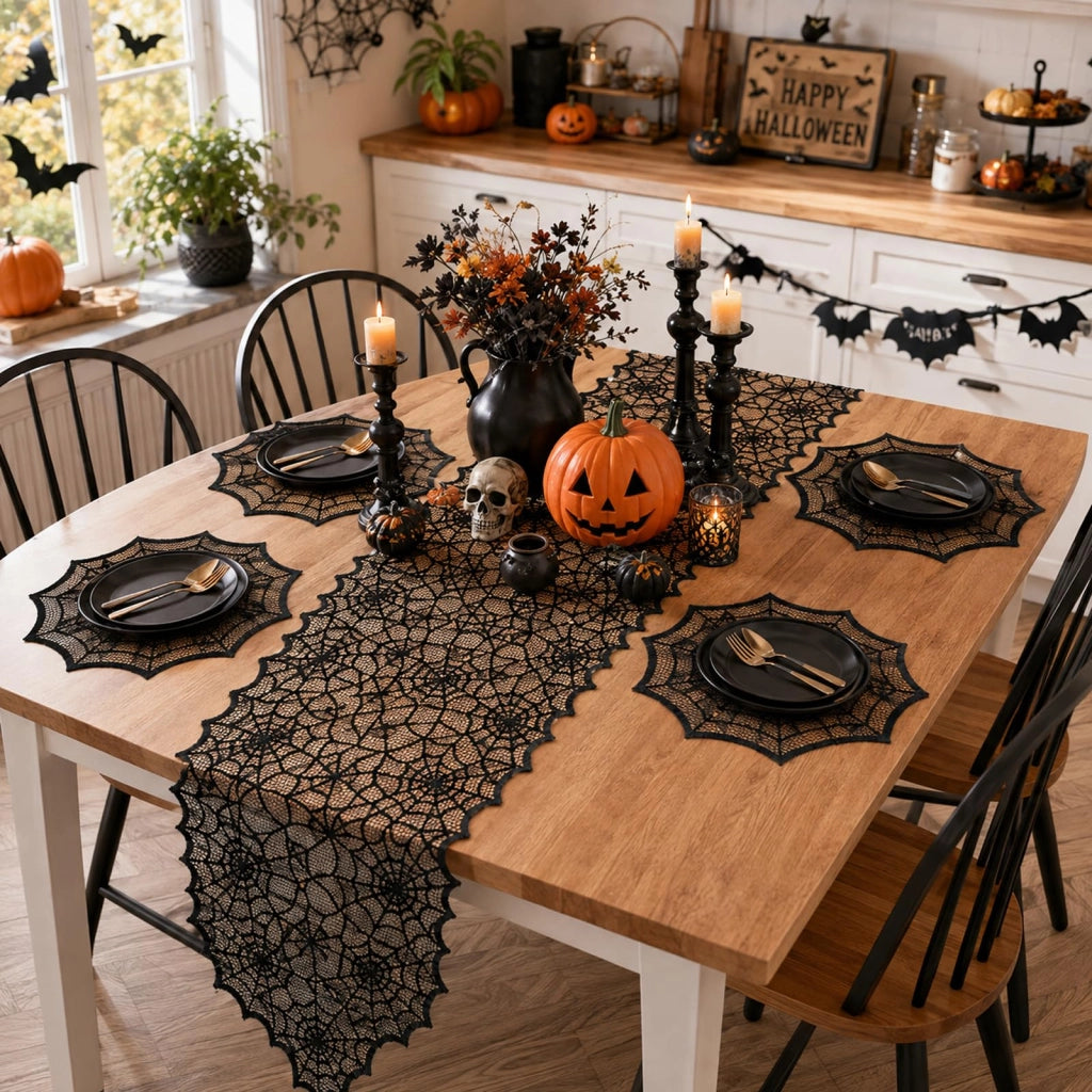 Set per la decorazione della tavola a tema Halloween: tovaglia, tovagliette e adesivi a forma di pipistrelli