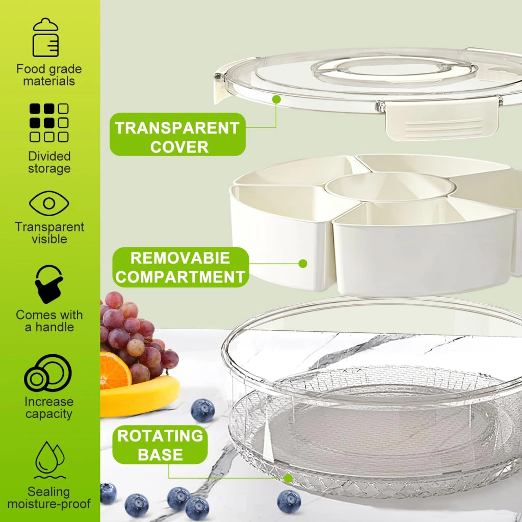 Scatola per snack con scomparti, piatto per snack con coperchio 30,5 cm, organizer girevole con 6 scomparti rimovibili e maniglia, per dolci, frutta, snack