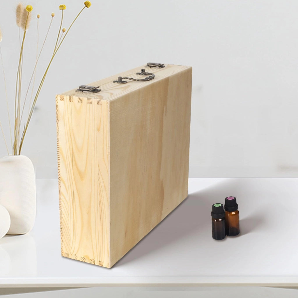 Organizzatore in legno per 80 flaconi di oli essenziali, dimensioni 35,5 x 28 x 9,5 cm