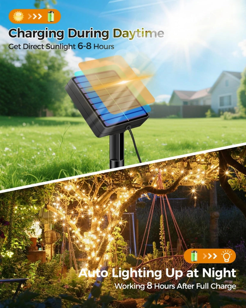 Catena luminosa solare, grado di protezione IP65, 8 modalità, 60 LED, luce bianco caldo, lunghezza 6 metri