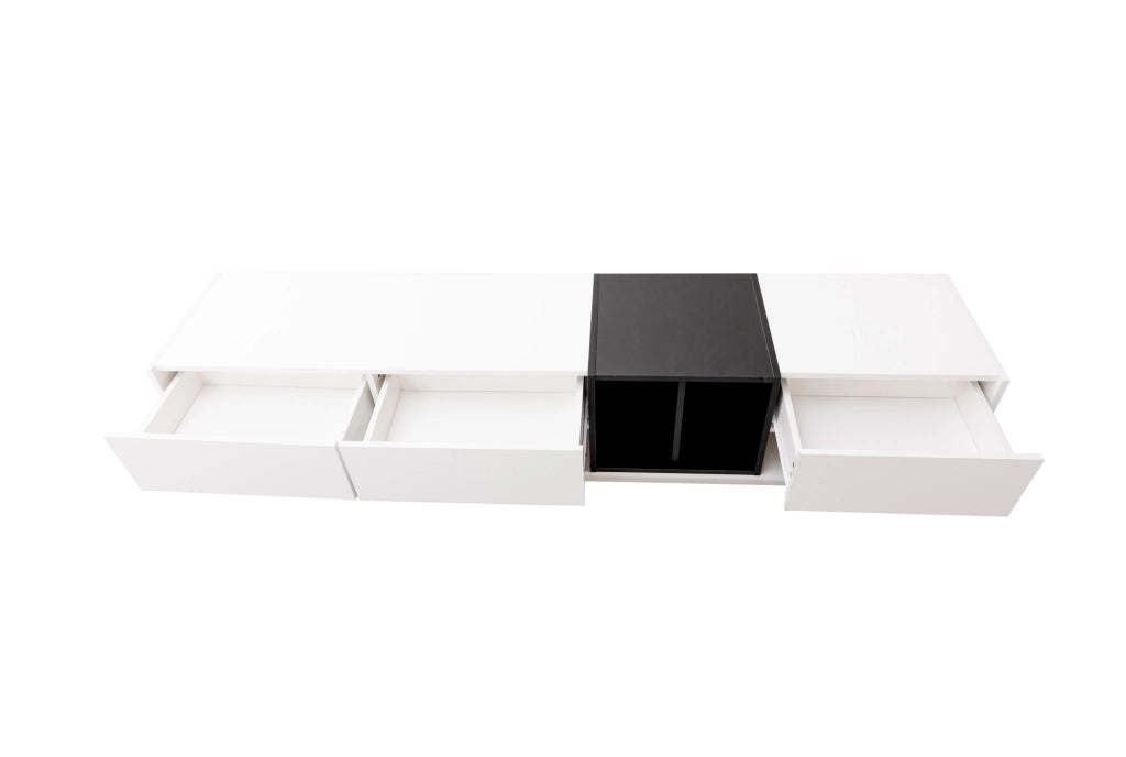 Mobile TV Lowboard in Bianco e Nero Lucido con Cassetti e Ripiani, 190x40x42 cm