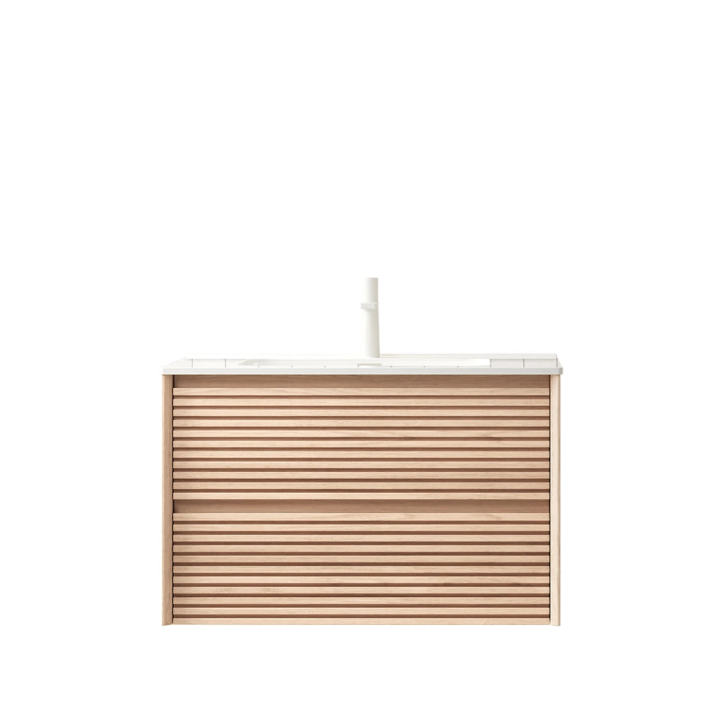 Mobile lavabo bagno sospeso 81 cm ceramica bianca e compensato noce, 2 cassetti